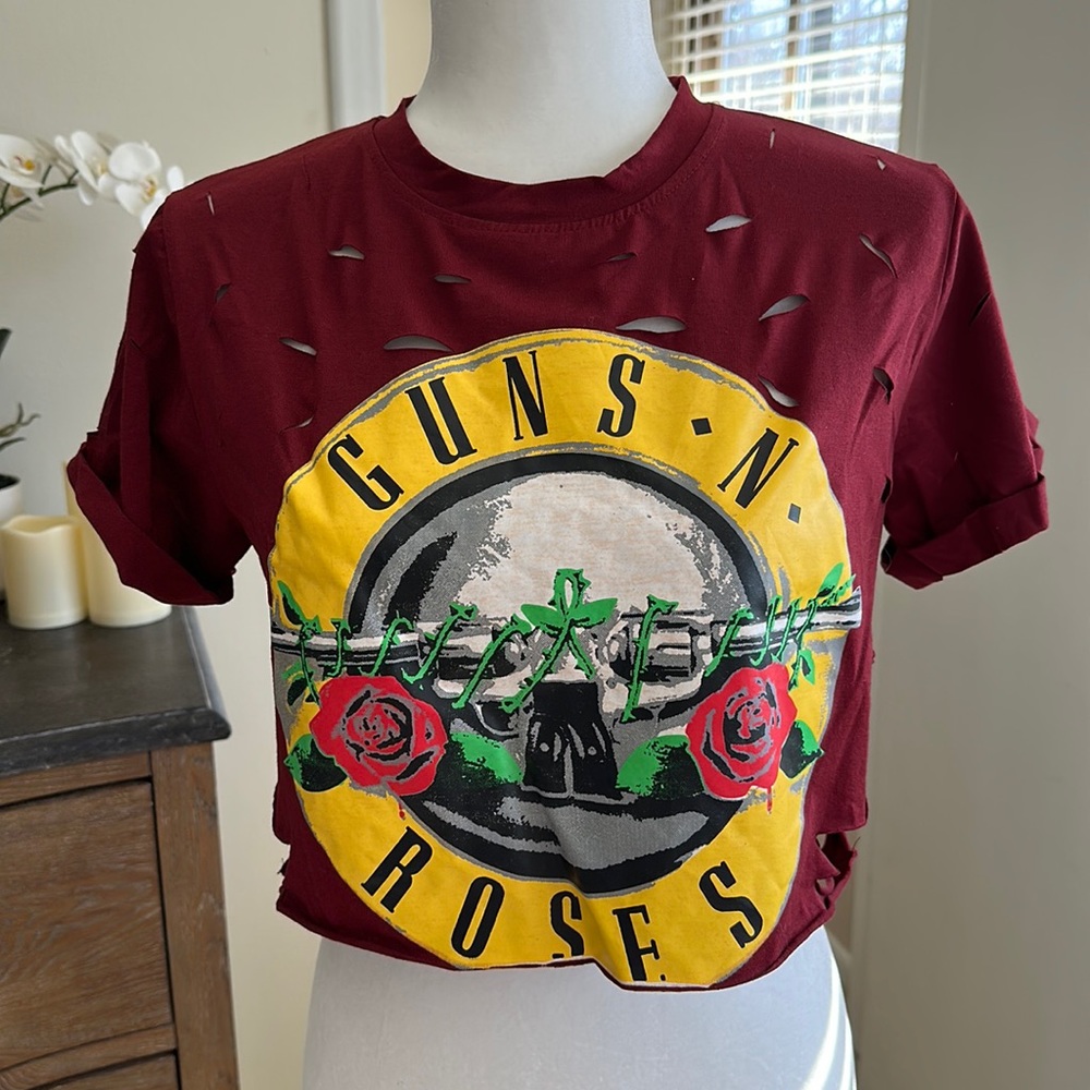 Burgundy Guns N Roses Ripped Crop Top T-Shirt
